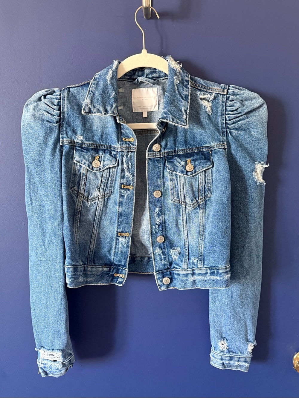 Zara Distressed Puff-Sleeve Cropped Denim Jacket - Blue